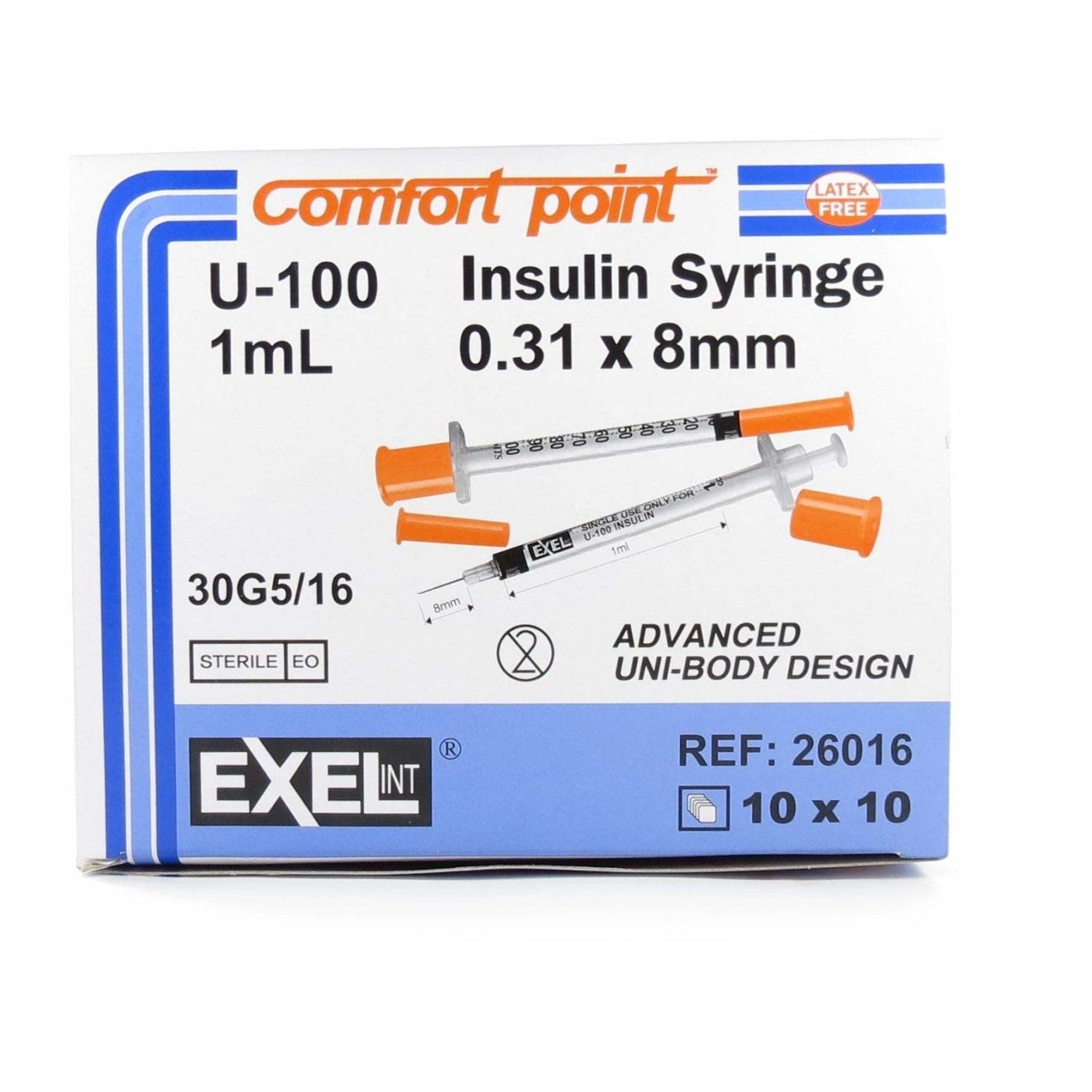 Insulin Syringe U100 1cc 30G X 5/16, 100/Box 26016 Merit